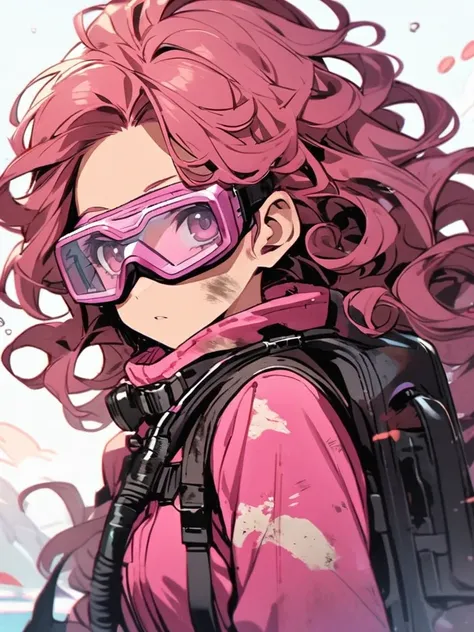 Wearing scuba goggles, pink goggles, large goggles. Dirty smudged goggles, long curly hair