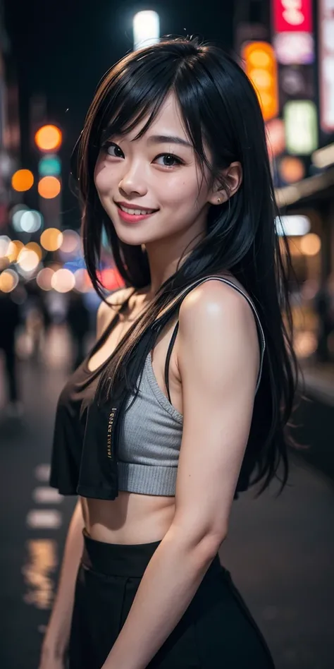 1girl, Tokyo street,night, cityscape,city lights,upper body,close-up,smile,, (8k, RAW photo, best quality, masterpiece:1.2),(realistic, photo-realistic:1.37),