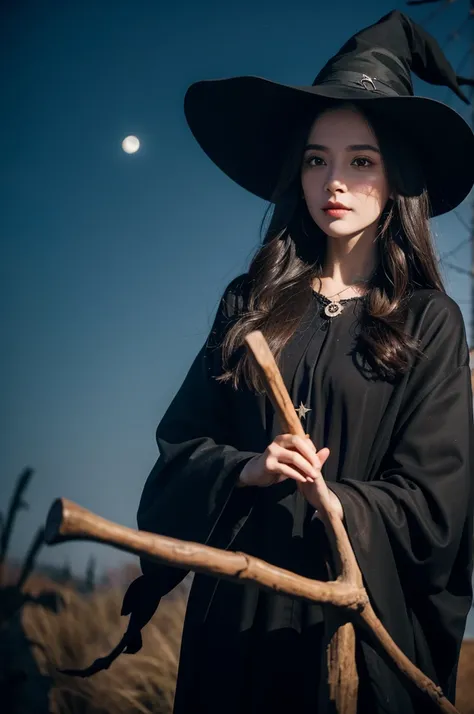 a pretty witch  flying on a broomstick against a night sky with a full moon and stars,windy, magic,dim light , high detail face, high detail skin, beautiful hands, beautiful fingers,Cine portrait scene, cinematic realism, best quality, masterpiece, 8K,
