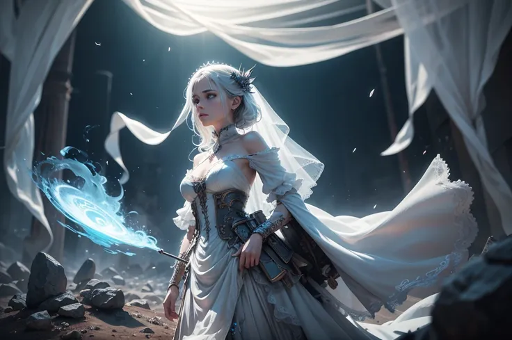 (best qualityer:1.04),Ghostly apparition,ethereal beauty,bride,translucent,tipis,smoky,nebulous,standing alone,intricate,chic,highy detailed,sharp focus,detailed otherworldly scenery,motion-blur,, glow effects, GOD, hand drawn, render, 8K, octane rendering...