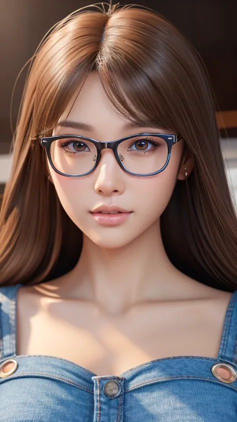 a cute tan Chinese girl wearing glasses, jean pants,crop top, beautiful detailed eyes, beautiful detailed lips, extremely detailed face, long eyelashes, photorealistic, 8k, ultra-detailed, physically-based rendering, vivid colors, professional photography