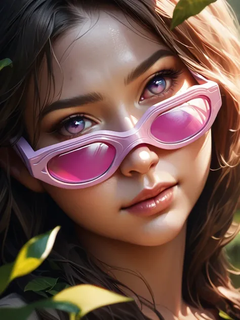 A girl wearing large, pink scuba goggles over her eyes, long curly hair, dirty and smudged goggles, (best quality,4k,8k,highres,masterpiece:1.2),ultra-detailed,(realistic,photorealistic,photo-realistic:1.37),detailed eyes, detailed nose, detailed lips, lon...