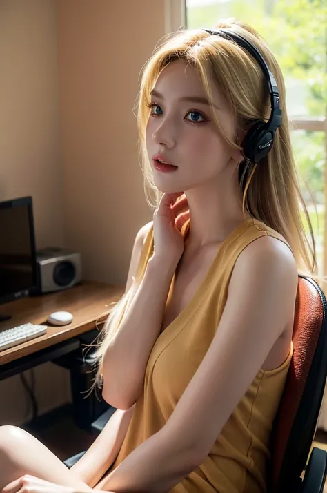 beautiful blonde woman, 24 years old, playing videogames like a streamer, wearing headphones, gamer girl room in background, 1girl, extremely detailed face and eyes, beautiful detailed lips, longeyelashes, video game setup, gaming chair, RGB lighting, post...