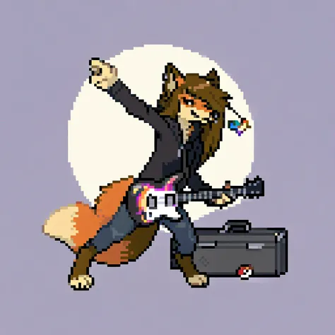 canid, canine, canis, mammal, mythological_canine, were, werecanid, werecanine, fox, anthro, biped, rainbow_body, rainbow_fur, long_brown_hair, brown_tail, black_hoodie, black_jeans, nose_piercing, star_pin, star_guitar, strumming, pokéball_inside_instrume...