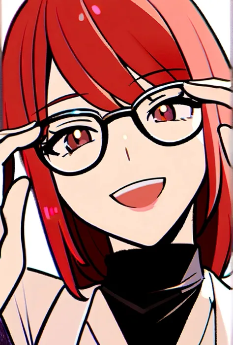 1A woman with short, red hair, wearing glasses, smiling, holding up two fingers.