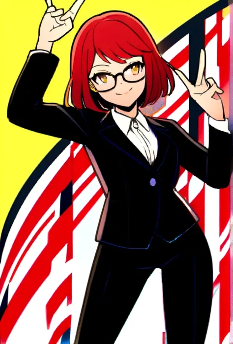 1A woman with short, red hair, wearing glasses, smiling, holding up two fingers.