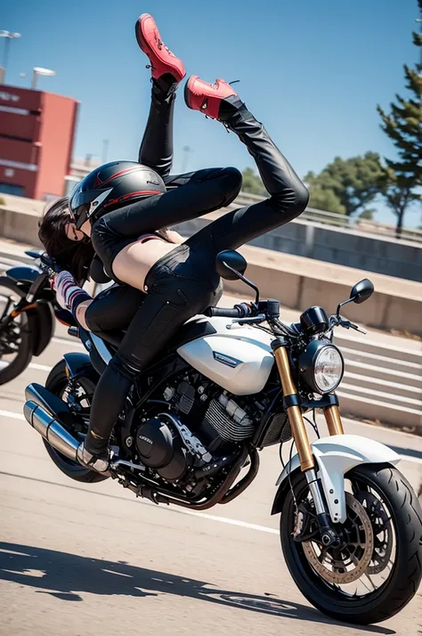 A motorcycle giving a degree and a woman falling