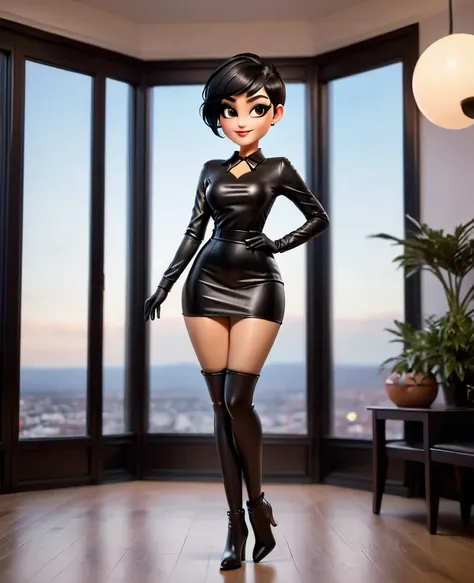 isabella merced, pixie cut hair, dog collar, black leather dress, black gloves, thigh high boots, black boots, instagram pattern...