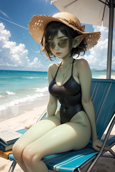 ((best quality)), ((masterpiece)), (detailed), perfect face, ((green skin)), pointy ears, very shy, tiny breasts, wearing sunglasses, short dark hair, on the beach, sitting in a beach chair under a large umbrella, wearing large beach hat, in the shade of a...