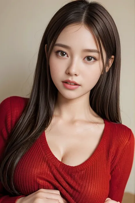 A beautiful woman in a red sweater, (1girl:1.2),(brown hair:1.2),(huge-breasted:1.2),looking directly at the viewer in a closeup full body pose, high resolution, photorealistic, intricate details, detailed eyes and face, classroom backgroundonly lingerie r...