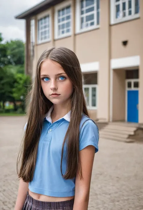 Girl with blue eyes and long brunette hair in front of her school without clothes