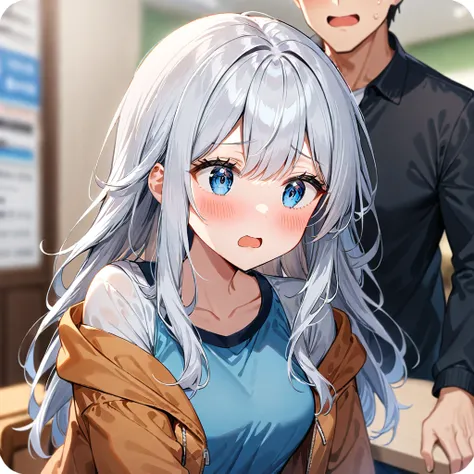 1girl, blush, blue eyes, white hair, long hair, open mouth, 1boy, fake screenshot, eyelashes, shirt, jacket, blurry background, denim, blurry, ((medium quality)), ((medium quality))