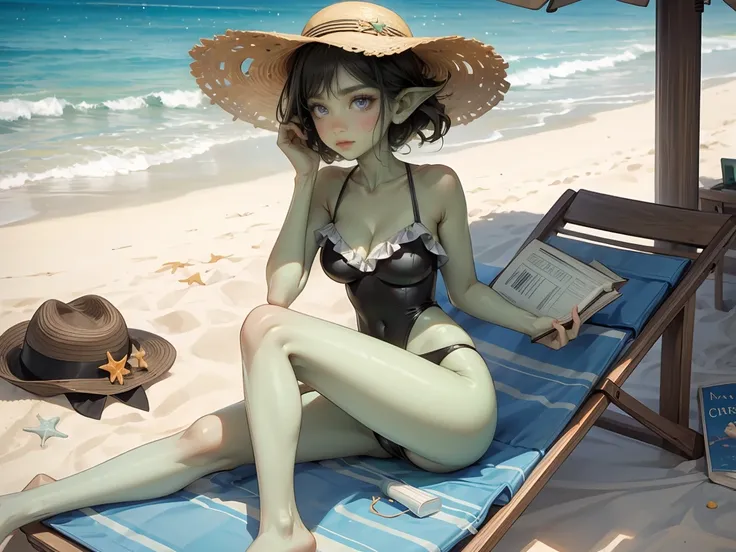 ((best quality)), ((masterpiece)), (detailed), perfect face, ((green skin)), pointy ears, very shy, tiny breasts, wearing sunglasses, short dark hair, on the beach, sitting in a beach chair under a large umbrella, wearing large beach hat, in the shade of a...