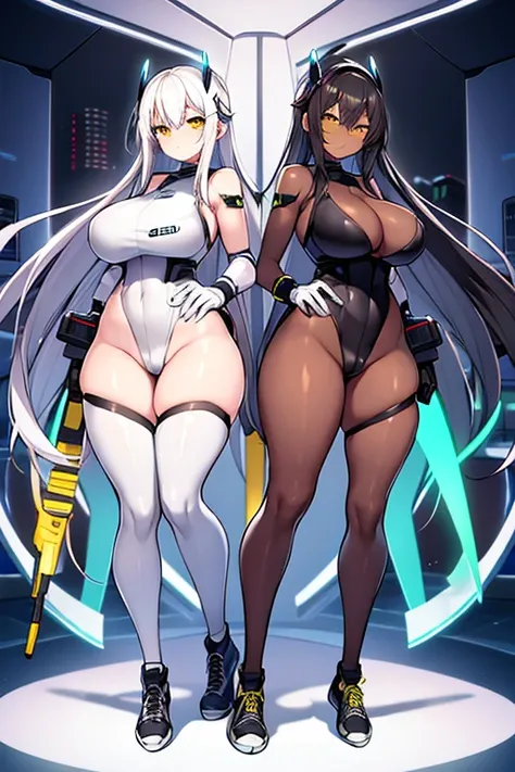 2girls, dark skin, dark-skinned female, white hair, black hair, long hair, yellow eyes, large breasts, breasts, wide hips, smug, smirk, smile, bodysuit, black bodysuit, pantyhose, black pantyhose, shoes, sneakers, futuristic, tech, science-fiction, neon tr...