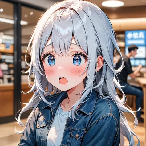 1girl, blush, blue eyes, white hair, long hair, open mouth, 1boy, fake screenshot, eyelashes, shirt, jacket, blurry background, denim, blurry --style 1 --preset 3, ((medium quality)), ((medium quality))