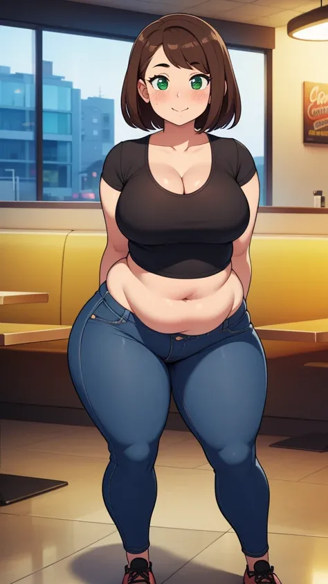 ((highres)), Masterpiece, high quality, best quality, beautiful, perfect lighting, detailed face, ultra cute face, looking at viewer, on a date, ((blush)), affectionate smile, ((1girl)), ((solo)), brown hair, fluffy hair, green eyes, jeans, crop top, tight...