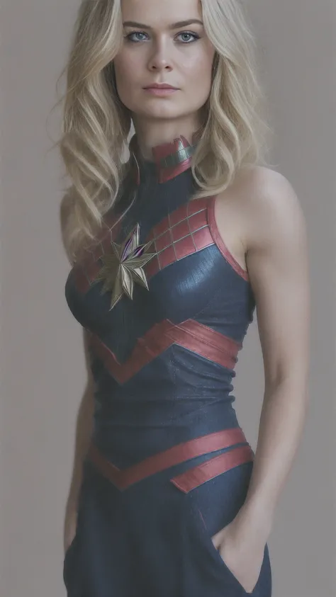 brie larson, medium hair, full body portrait, wearing captain marvel outfit, sexy, cleavage, breasts showing, nsfw