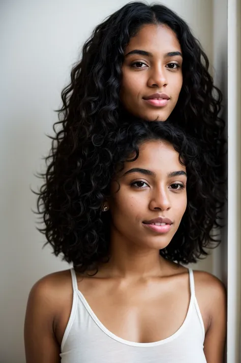 A 22-year-old black woman, with curly black hair, and a mole near the lips. Shes wearing casual, comfortable clothes, typical to use at home, no sensual connotations. Her appearance is beautiful and reflects a common Brazilian face. The photo should look a...