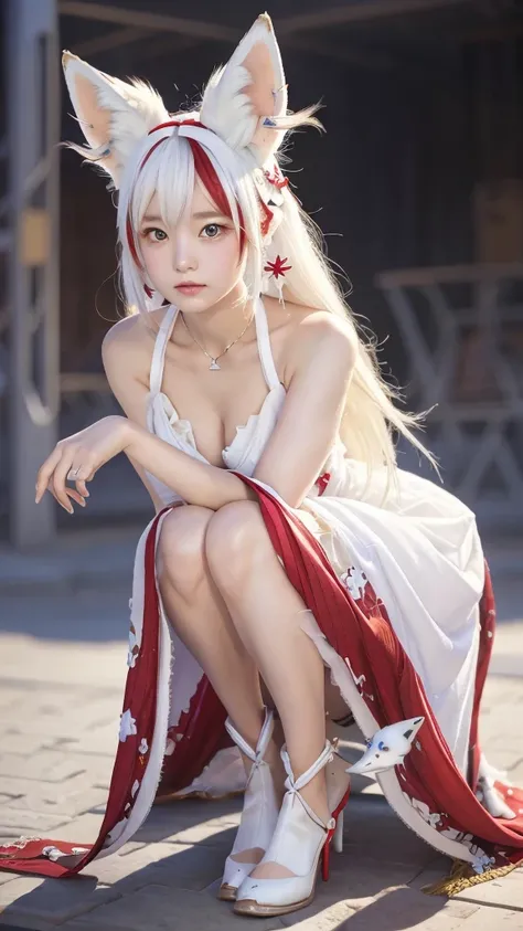 masterpiece, Highest quality ,(((Full body photo:1.3)))、 Consciousness upward,1 perfect portrait of a girl, A fascinating eye for perfect detail, Colorful Hair, (red+White and soft hair:1.6), (White fox ears:1.3), ファンタジーなredい背景, {Sexy exposed shoulders} ,{...