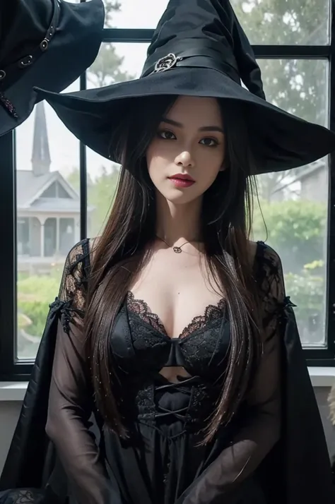 One Girl,(Sexy Lace Witch Costume:1.2),House with spooky Halloween decorations,Super detailed,Realistic:1.2,Sharp focus,Vibrant colors,Studio Lighting,Horror,Portraiture,Mysterious atmosphere,Luminous pumpkin,Creepy spider,Witch Hat,Scary masks,Haunted Fur...