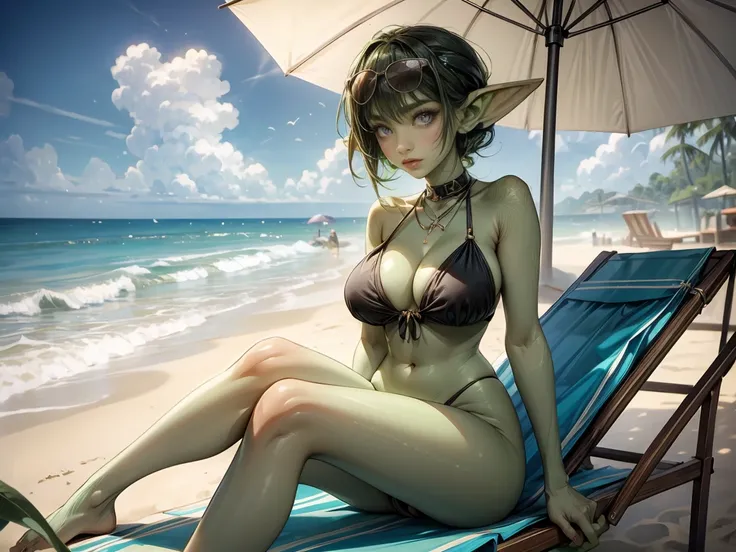 ((best quality)), ((masterpiece)), (detailed), perfect face, ((green skin)), pointy ears, very shy, tiny breasts, wearing sunglasses, short dark hair, on the beach, sitting in a beach chair under a large umbrella, wearing large beach hat, in the shade of a...