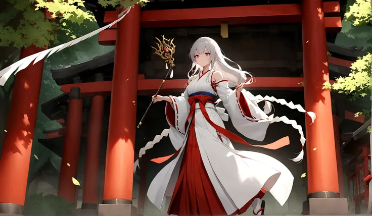 Create an image of an elderly Japanese priestess, a Miko, who specializes in purifying curses. She has an air of wisdom and serenity, with long, silver hair tied in a traditional manner. She is dressed in traditional Miko attire, including a white kimono w...