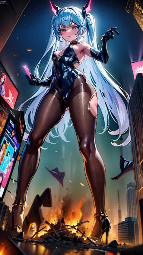 A colossal giantess succubus walks into a tiny city, breaking the floor and everything with her heels, she looks down and mocks you as you see him from below her tiny tits, full bodysuit  and long legs covered all in transparent pantyhose, look down, evil,...