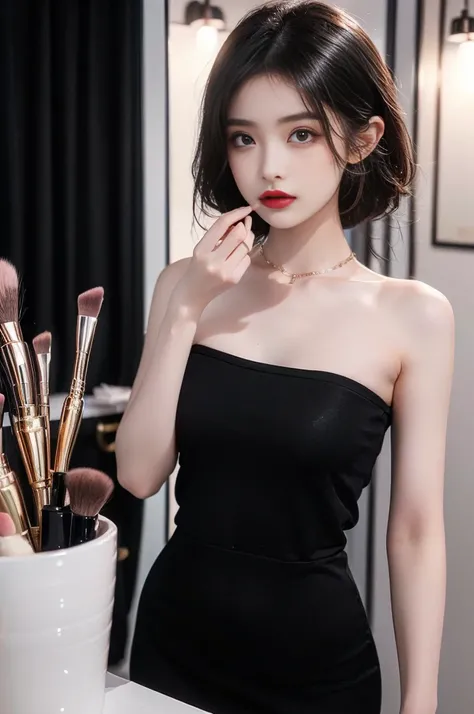 ((top quality, 8K, masterpiece: 1.3)), lens flare, full body shot, indirect lighting, (a faint smile : 1.3), ((1 woman, 20 years old), (beauty: 1.4), slim body, realistic skin, ((black medium hair : 1.3), (strapless mini dress, long legs, see-through panty...