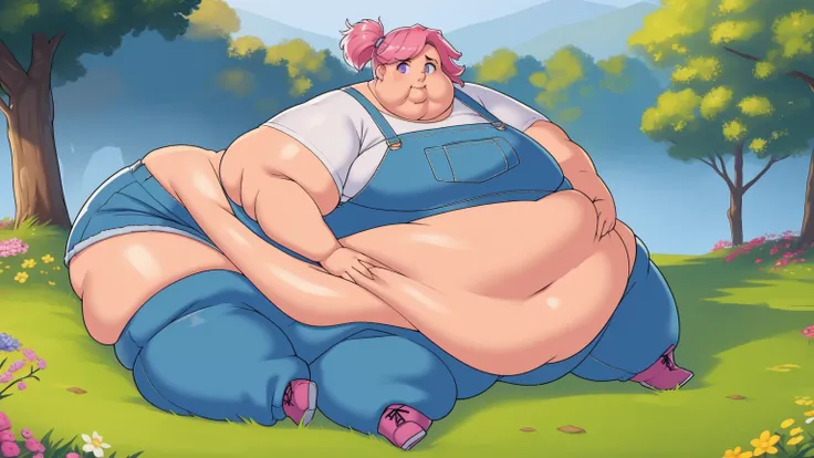 (Morbidly obese body:1.2)(Fat neck and chin:1.3)(Obese:1.1),fat, Slightly chubby, sad, farm backround, Full body, looking at viewer, 1girl, solo, short pink hair, (dark blue choker), (dark blue denim overalls), (purple eyes), (pink boots), (white shoulder ...