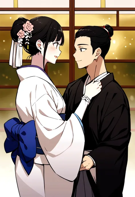 Two black-haired Japanese people in traditional Japanese wedding attire getting along well