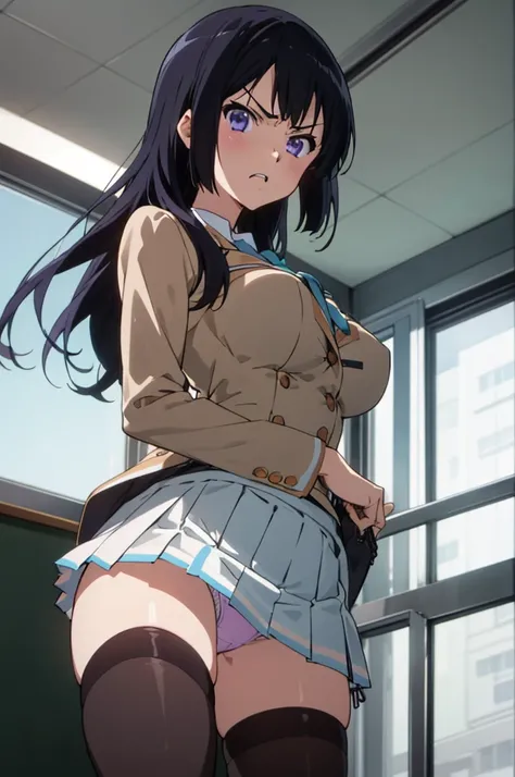 solo, 1girl, looking at viewer,, reina kousaka, classroom,miniskirt,blazer,black thighhighs,standing,from below, looking at viewer, (angry),(((lift skirt, panties))),,big breasts