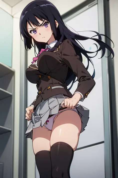 solo, 1girl, looking at viewer,, reina kousaka, classroom,miniskirt,blazer,black thighhighs,standing,from below, looking at viewer, (angry),(((lift skirt, panties))),,big breasts