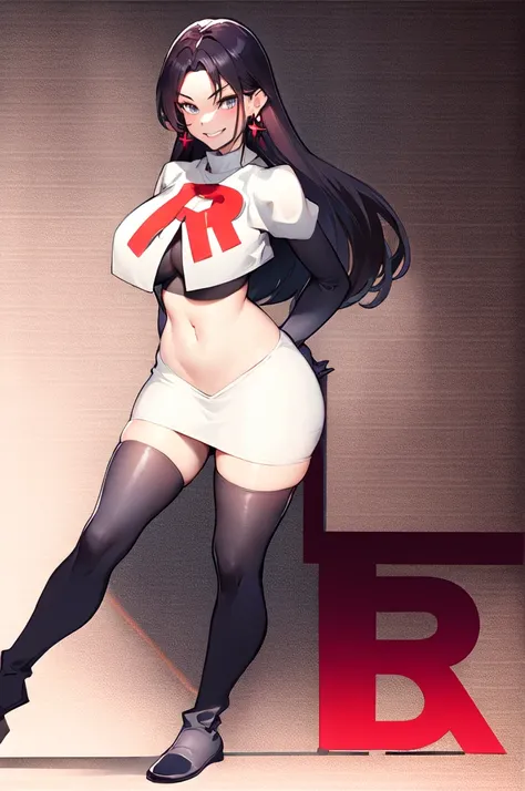 ReiHino, long hair, jewelry, kizukiAI, mature woman, crescent earrings, Team rocket, team rocket uniform, red letter R, white skirt,white crop top,black thigh-high boots, black elbow gloves, evil smile, earrings, large breasts, sexy pose