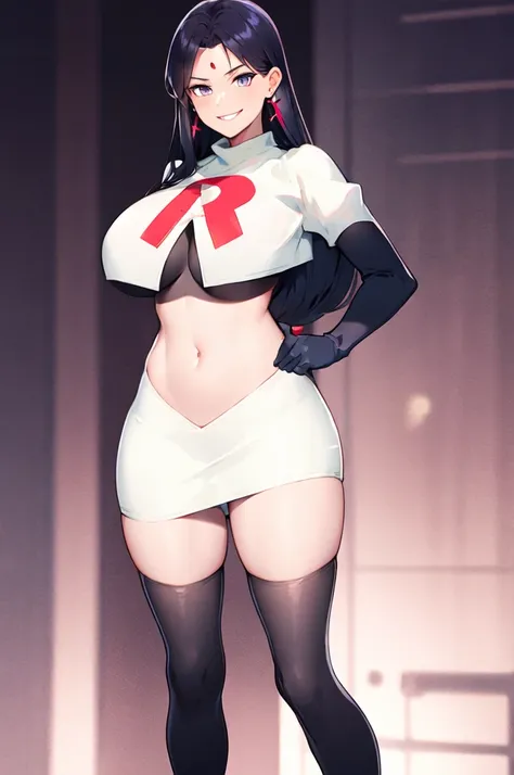 ReiHino, long hair, jewelry, kizukiAI, mature woman, crescent earrings, Team rocket, team rocket uniform, red letter R, white skirt,white crop top,black thigh-high boots, black elbow gloves, evil smile, earrings, large breasts, sexy pose