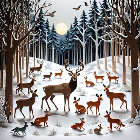 create a detailed paper cutout artwork depicting a snowy landscape with animals. the scene should include a serene, snow-covered...