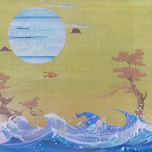 painting of a man on a surfboard in the ocean with a full moon, serene post-nuclear background, vaporwave surreal ocean, vaporwave ocean, inspired by Saitō Kiyoshi, ocean, japanese style painting, an ocean, inspired by Utagawa Hiroshige II, seaside, random...