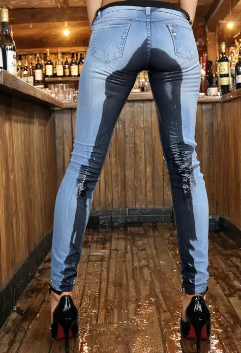 ((rear view)), (same character same clothing same shoes), the wet spot is bigger in each picture, attractive women, blonde wearing black skinny jeans, black belt, black suede high heel pumps, white blouse, standing in a crowded bar,  wetting, big smile, pe...