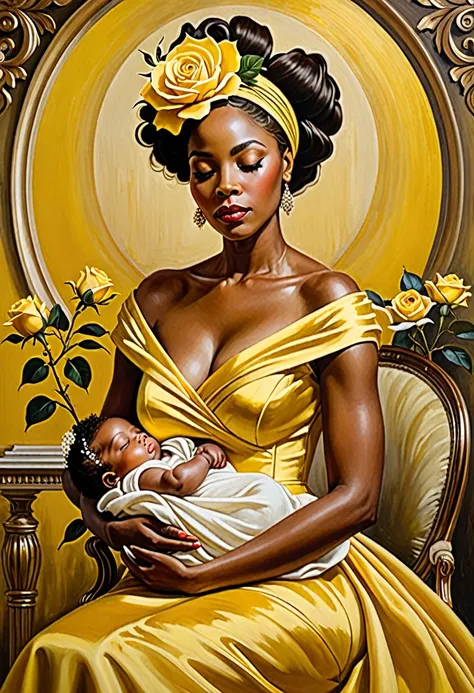 A detailed oil painting of an elegant African American woman holding a sleeping baby. The woman has a grand hairstyle adorned with a large yellow rose. She is wearing a luxurious yellow dress with matching yellow accents. The baby, also African American, i...