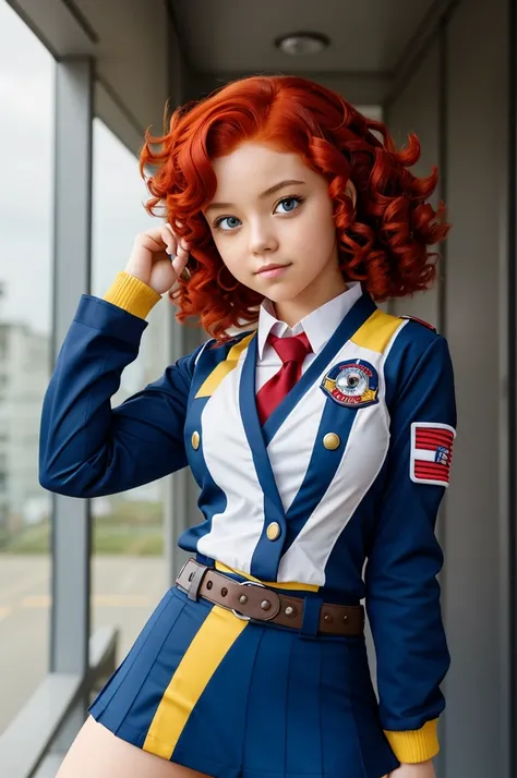 A girl with red hair with curls and very short. One right eye is yellow and the left one is blue and she has the my hero academia uniform. She measures 1,69,and have a nice pose