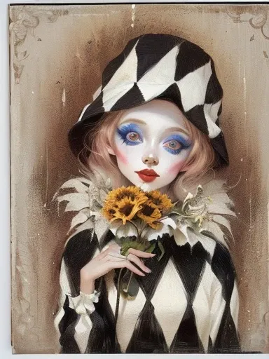 painting of a woman with a hat and flowers in her hand, !!!esao andrews!!!, clown girl, margaret keane style, goth clown girl, inspired by Esao Andrews, benjamin lacombe, mime, by Margaret Keane, art deco flower shaman, style of esao andrews, girl with a f...