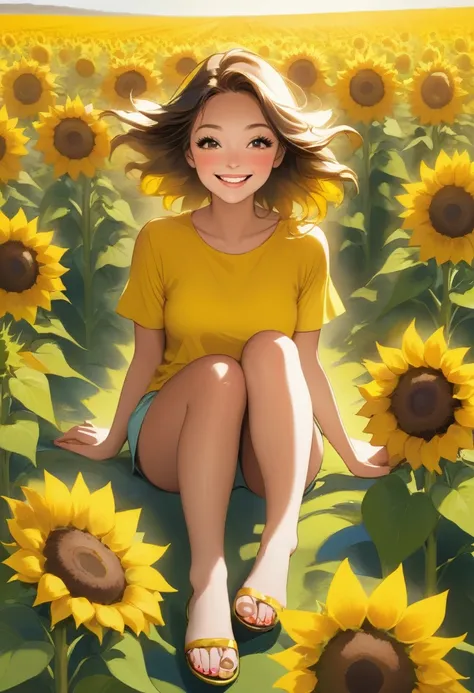 Woman sitting happy in a landscape of sunflowers showing her toenails and hands