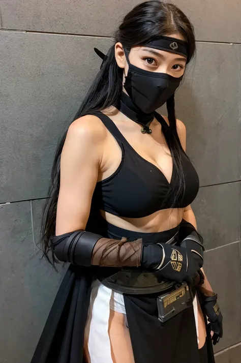 ((Ninja 1.3)),After the battle,(Torn Costume),Photo Real, whole body,mask, or period,Background Sen, Highest quality, Ultra-high resolution, depth, pastel colour, Natural Shading、Long Hair, Black Hair, Brown, narrow eyes, Black Dress, gloves, Anatomically ...