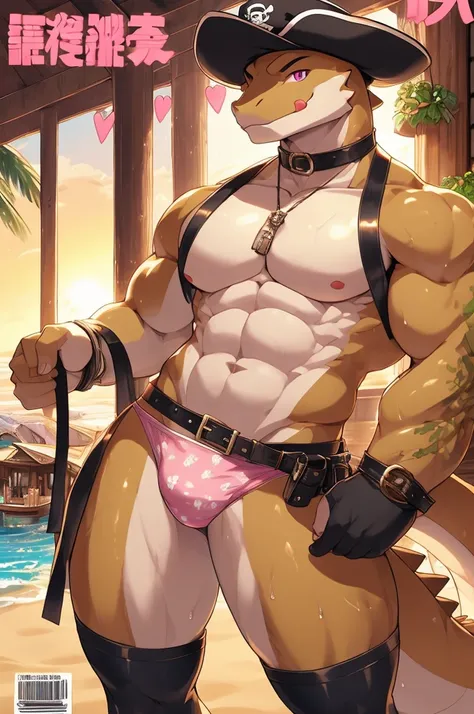 Highest quality、Sexy Baby Lizardman, Skimpy micro underwear、Lizard head、Pink eyes without highlights、Sweat、Embarrassing、Gay、Sunset Beach Background、cute、Leather Handbags、Knee-high socks、Choker of Hearts、White Breath、Licking lips、Drooling、Obscene language、O...