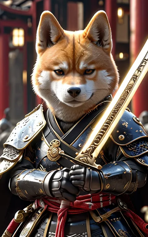 shiba inu samurai,whole body, he has a japanese sword charged with lightning., wearing black japanese armor and hakama haori, ja...