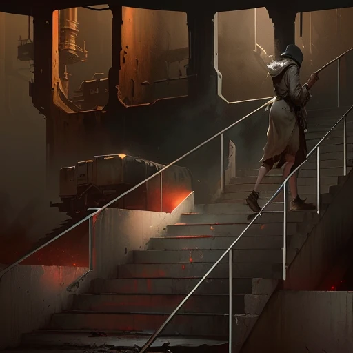 there is a man walking up a set of stairs in a building, concept illustration, woman in a dark factory, silent hill concept art, dramatic lighting. concept art, concept art digital illustration, dark atmosphere illustration, concept painting, atmospheric. ...