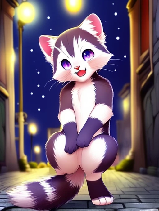 civet cat, little boy, cute, (alone), (((has brown and white fur))), big purple eyes, blushing, smile, open your mouth, walking,...