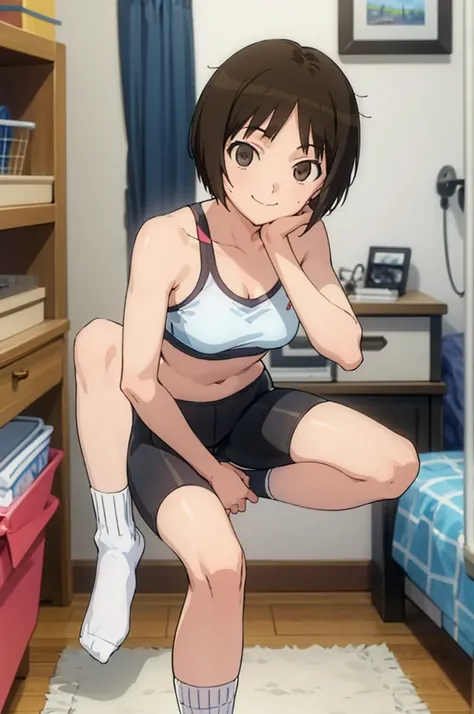 solo, 1girl, looking at viewer, , miya tachibana,sports bra,bike shorts,socks,my room, looking at viewer, smile,