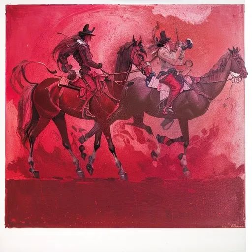 painting of a horse and a man with a clock on a red background, wangechi mutu, dusk, by Julian Schnabel, andi rusu, evening at dusk, bekskinski, helene frankenthaler, at dusk, inspired by João Artur da Silva, in style of francis bacon, by Sidney Nolan