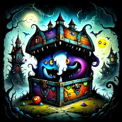 colorful treasure chest monsters,artistically expressed,by alexander jansson　style, stunningly beautiful work, the characters an...