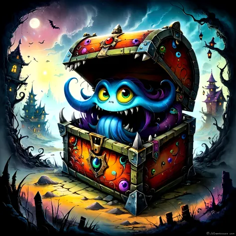 colorful treasure chest monsters,artistically expressed,by alexander jansson　style, stunningly beautiful work, the characters an...